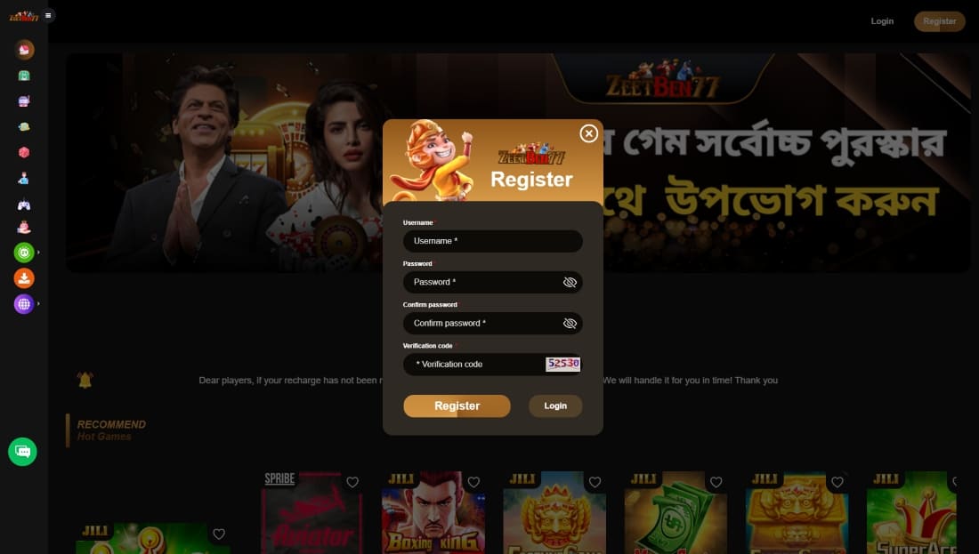 Registration popup with username, password, and CAPTCHA field overlaying casino homepage