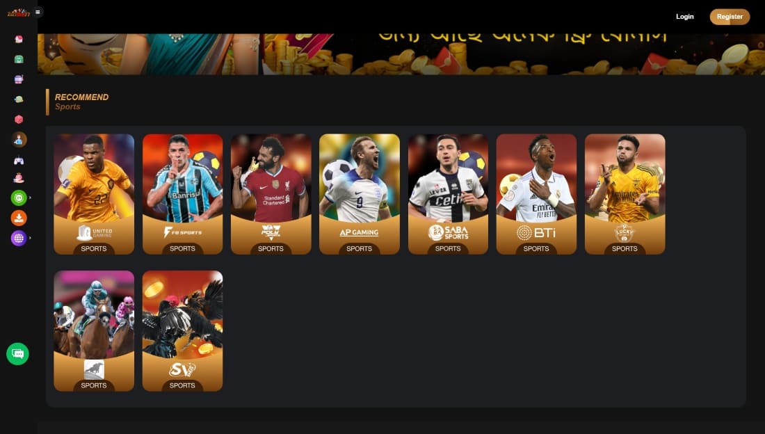 Sports betting section showing provider cards with famous football players and platform names
