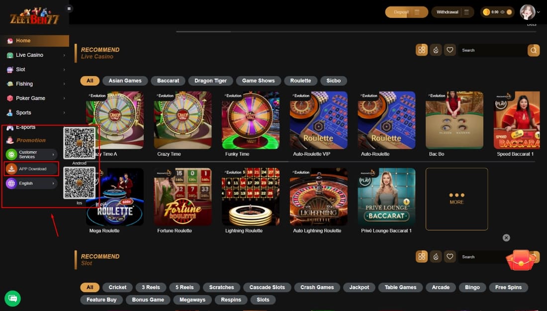 Main game lobby of ZeetBen77 with live casino tabs and QR code for mobile app downloads