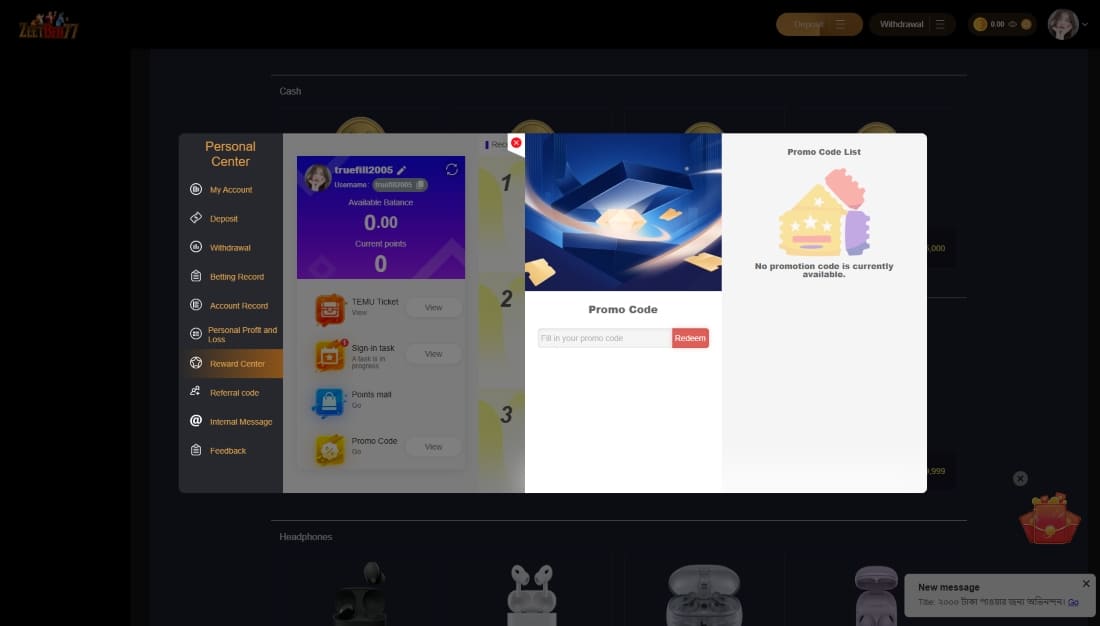 Promo code section under Reward Center with no active promotions and input field for codes