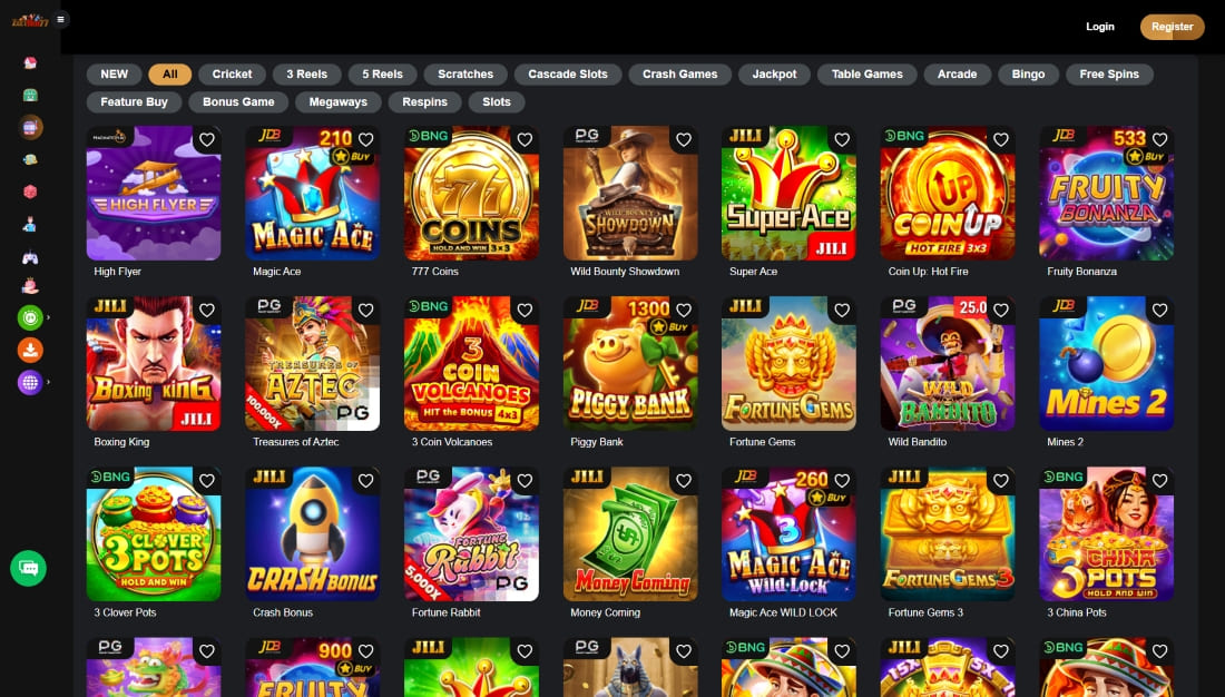 Grid of slot games including High Flyer, Piggy Bank, Crash Bonus, and Fortune Rabbit
