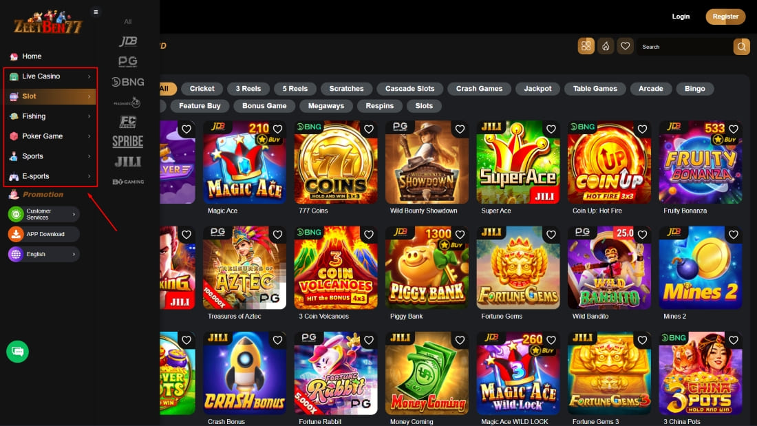 Slot game collection screen in ZeetBen77 including icons for Magic Ace, Fortune Gems, and Super Ace