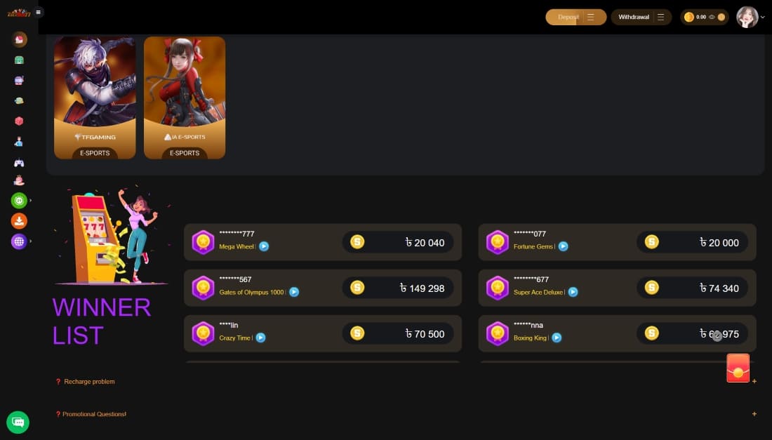 Latest winner board from ZeetBen77 casino showing games, masked usernames, and won amounts